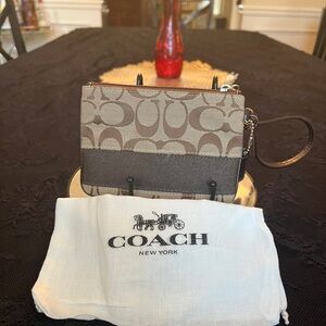 Coach Brown Signature Canvas Wristlet with Dark Brown Trim With Dust Bag